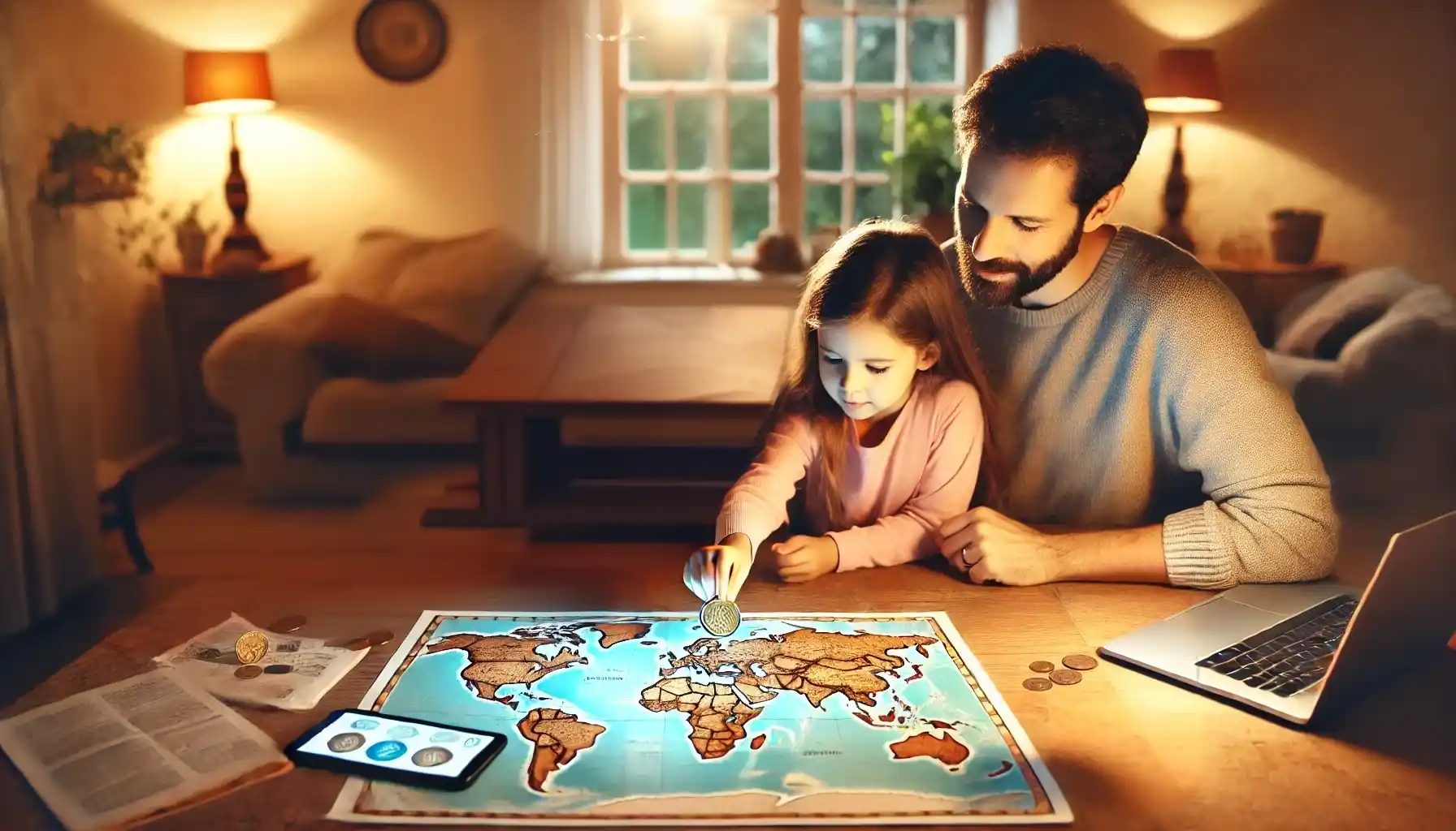 A father and daughter are engaging in a coin exploration activity, learning about the coins and their history.