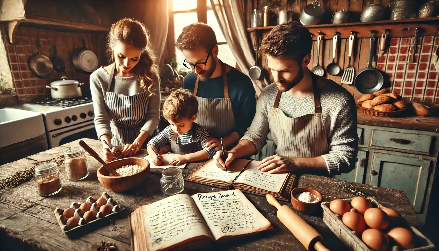 A family in a cozy kitchen are gathering around to write down recipes in a family recipe journal.