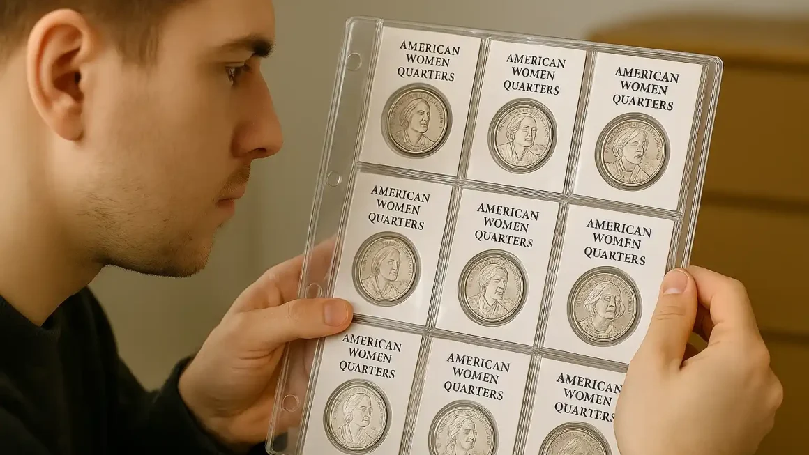 A young collector reviews his American Women Quarters album, showing historic female figures featured in the 2024 series.