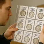 A young collector reviews his American Women Quarters album, showing historic female figures featured in the 2024 series.