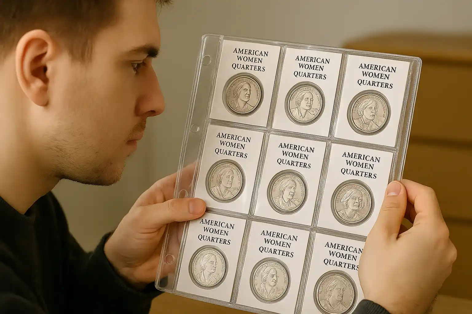 A young collector reviews his American Women Quarters album, showing historic female figures featured in the 2024 series.