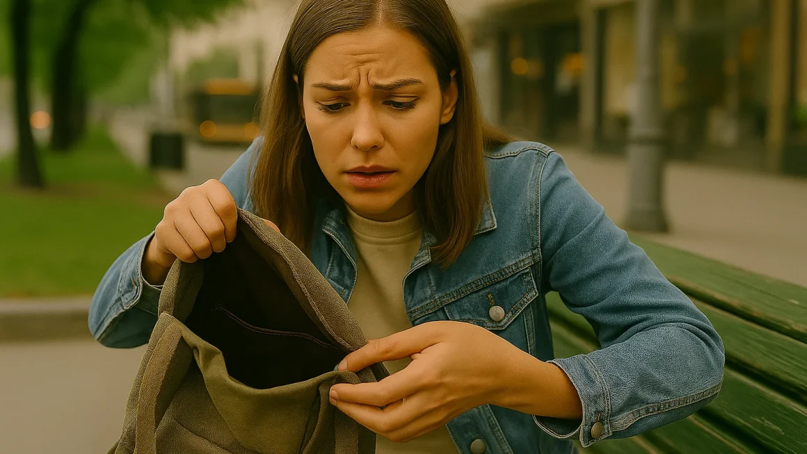 A worried young woman sitting on a park bench frantically searches through her backpack, realizing her iPhone is missing.