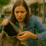 A worried young woman sitting on a park bench frantically searches through her backpack, realizing her iPhone is missing.