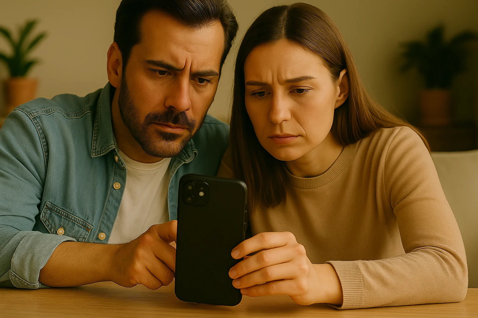 A couple sits side by side on a couch, calmly analyzing shared location information on a smartphone to resolve a concern together.