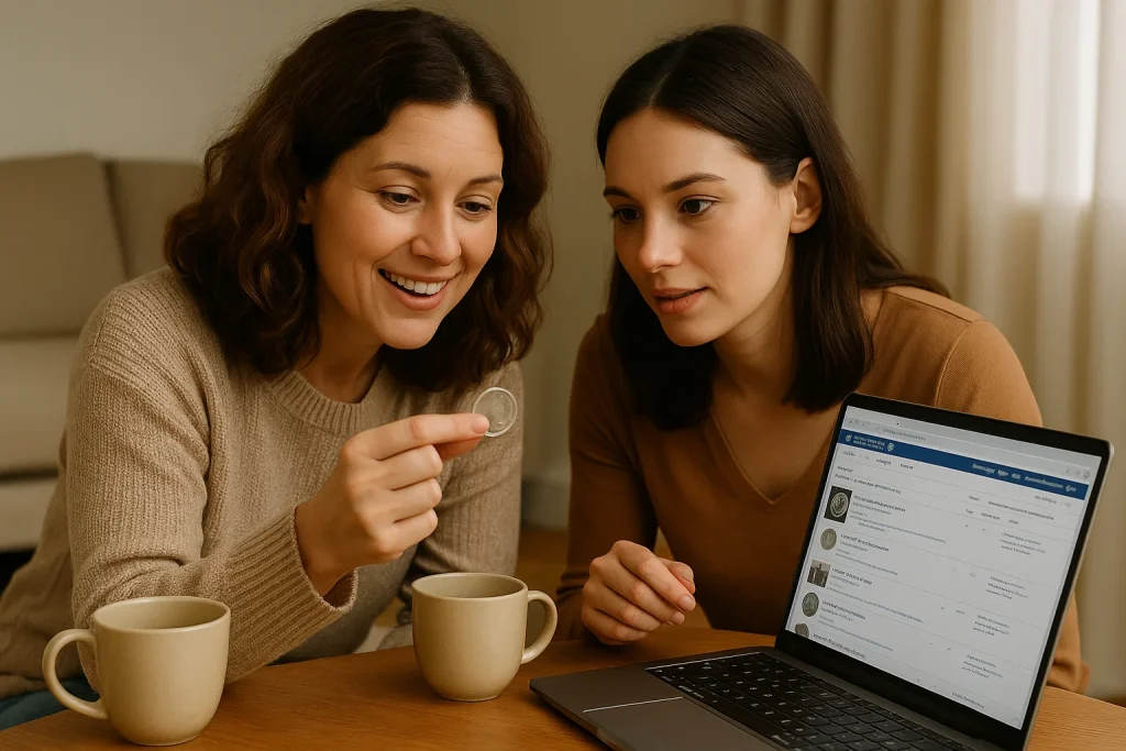 Two friends sip coffee at home while inspecting a George Washington dollar, browsing a numismatic forum together to find out if it’s worth more than face value.