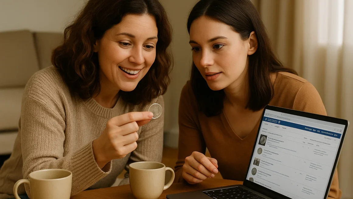 Two friends sip coffee at home while inspecting a George Washington dollar, browsing a numismatic forum together to find out if it’s worth more than face value.