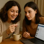 Two friends sip coffee at home while inspecting a George Washington dollar, browsing a numismatic forum together to find out if it’s worth more than face value.