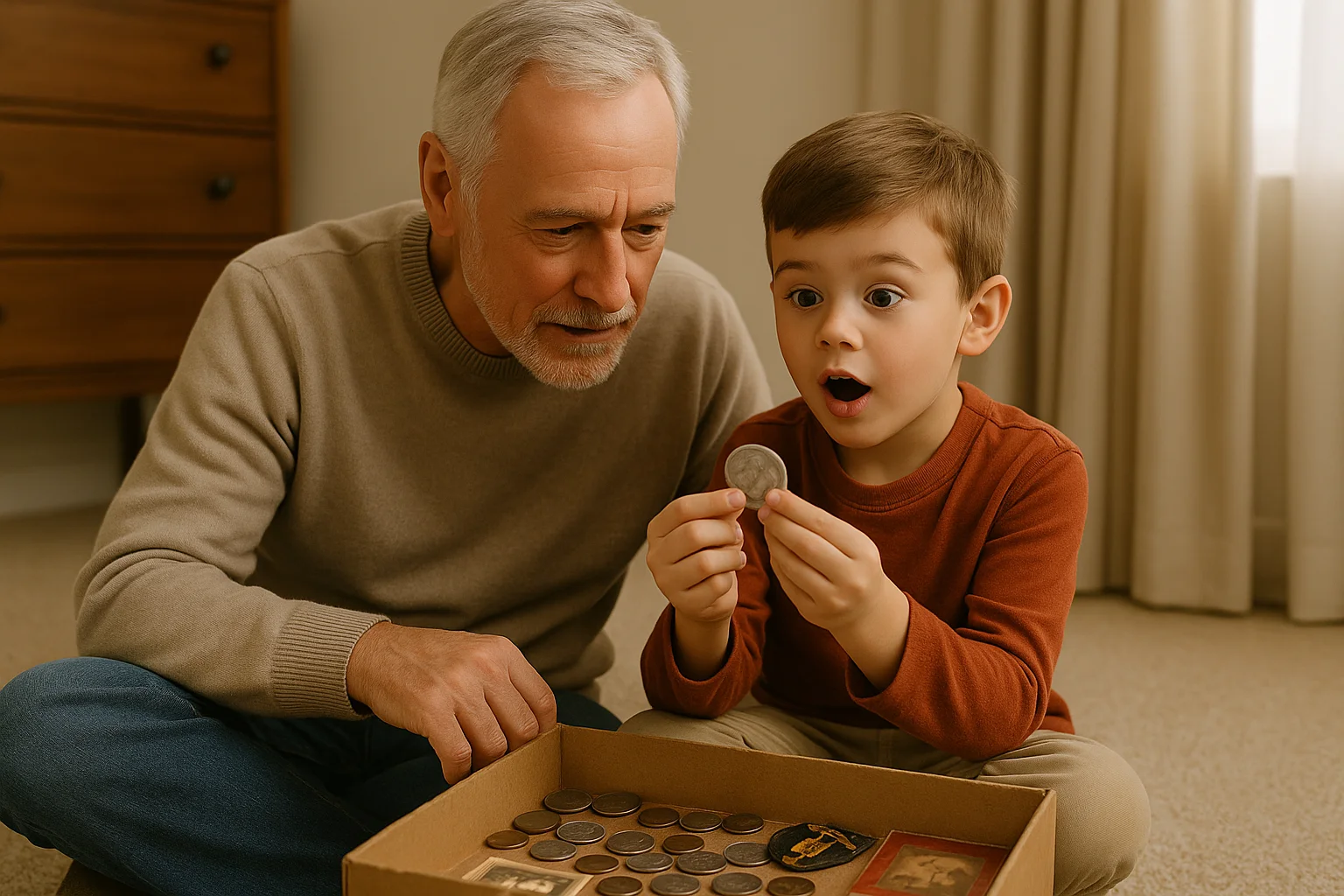 A grandfather shares a box of old coins with his grandson, who looks amazed as he holds up a George Washington dollar — a small coin with big potential.