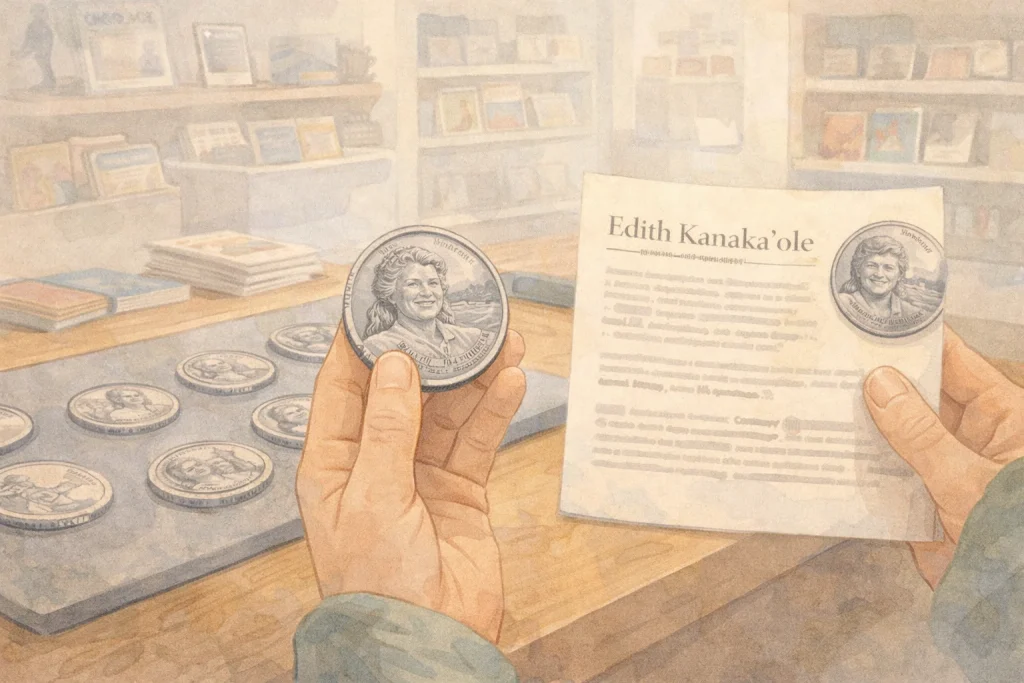 A buyer in a museum shop reads about Edith Kanaka’ole and a related quarter,
