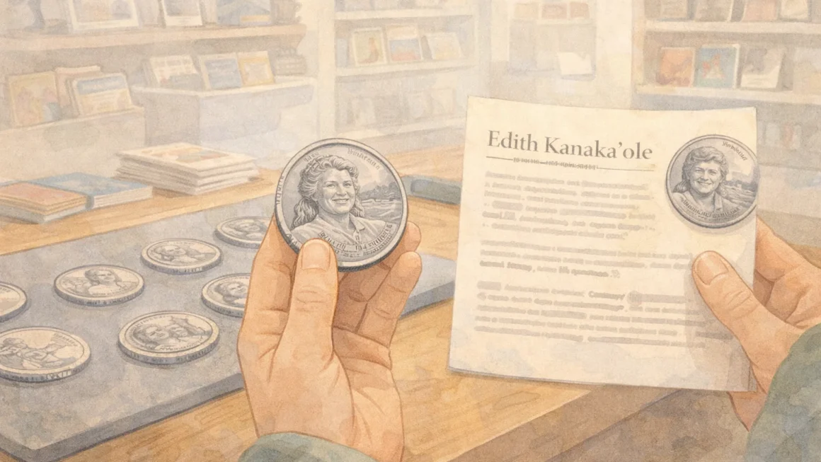 A buyer in a museum shop reads about Edith Kanaka’ole and a related quarter,