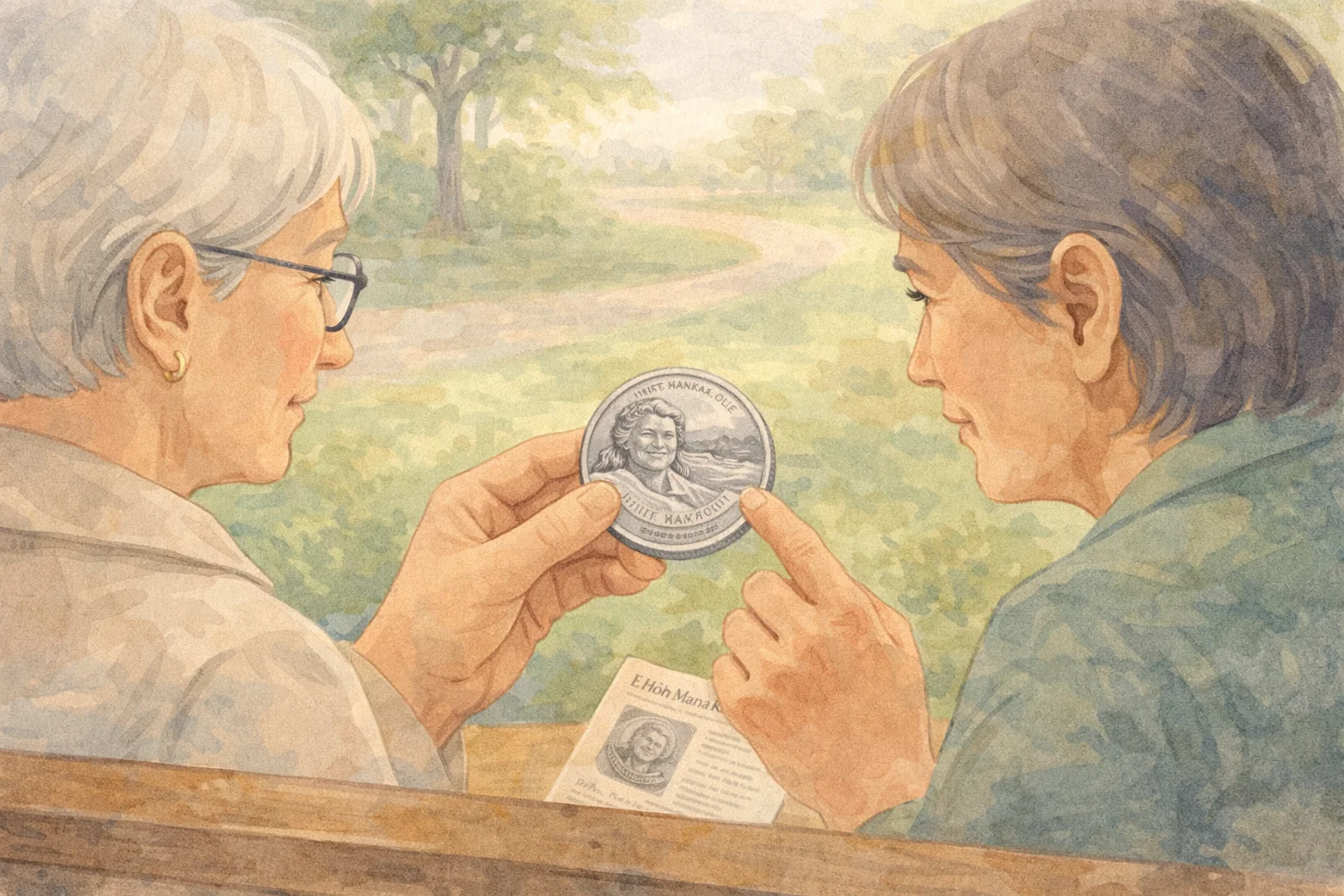 Friends observe an Edith Kanaka’ole quarter while sitting on the beach.