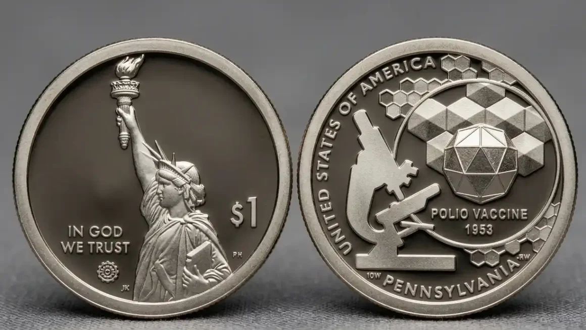 Close-up of an American Innovation dollar coin on neutral background
