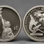 Close-up of an American Innovation dollar coin on neutral background